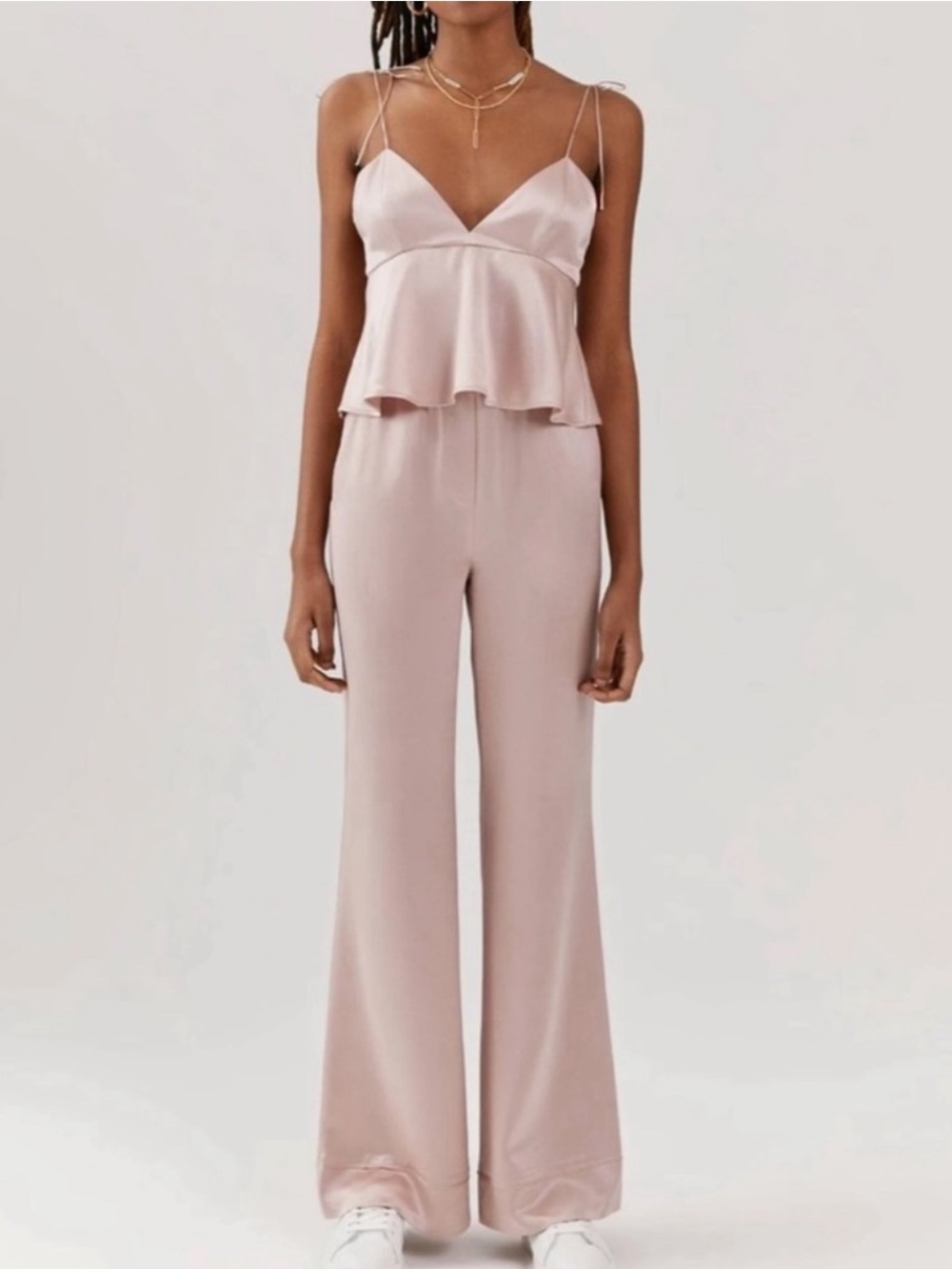 ‘Something Navy’ Satin Cami & Wide-Leg Jumpsuit in Champagne Blush